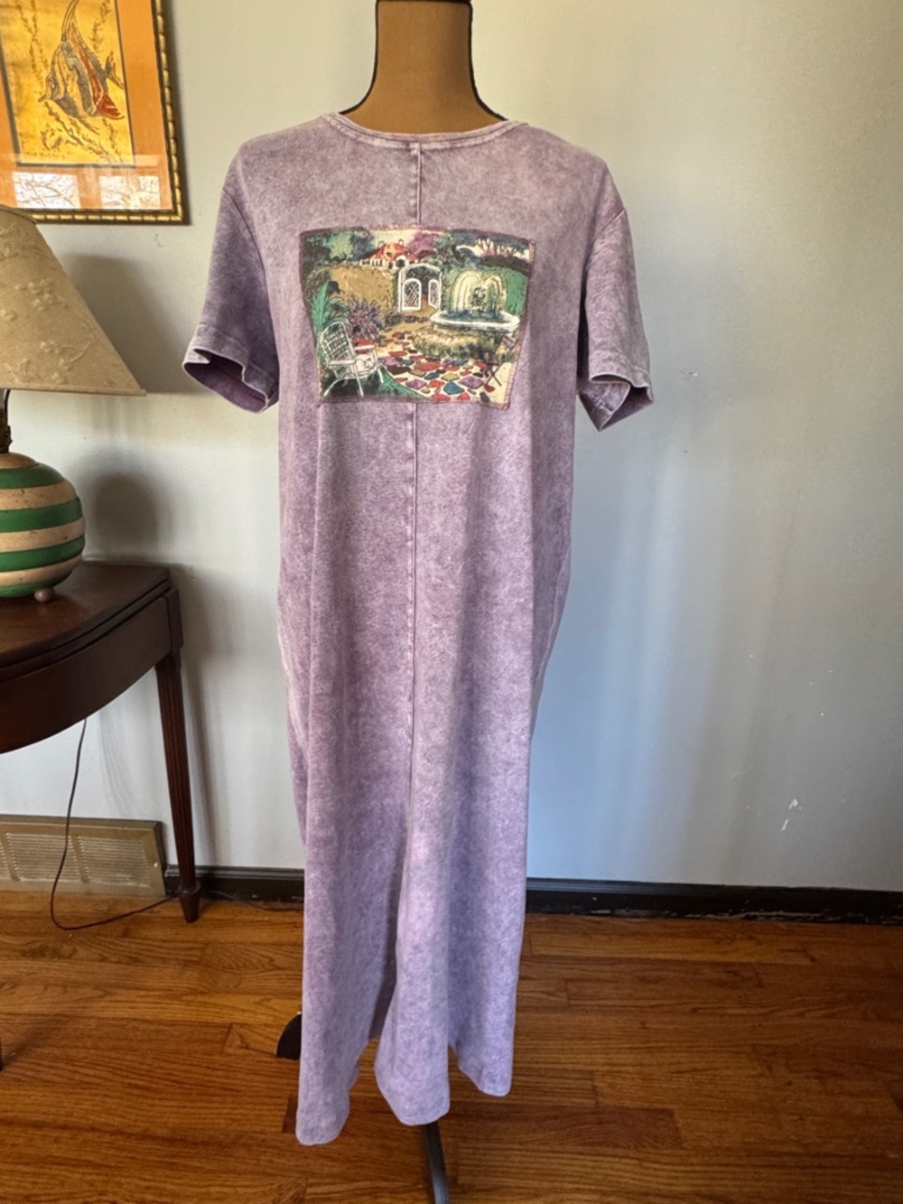 Michael Leu Washed Purple Maxi Dress with Scenic Print